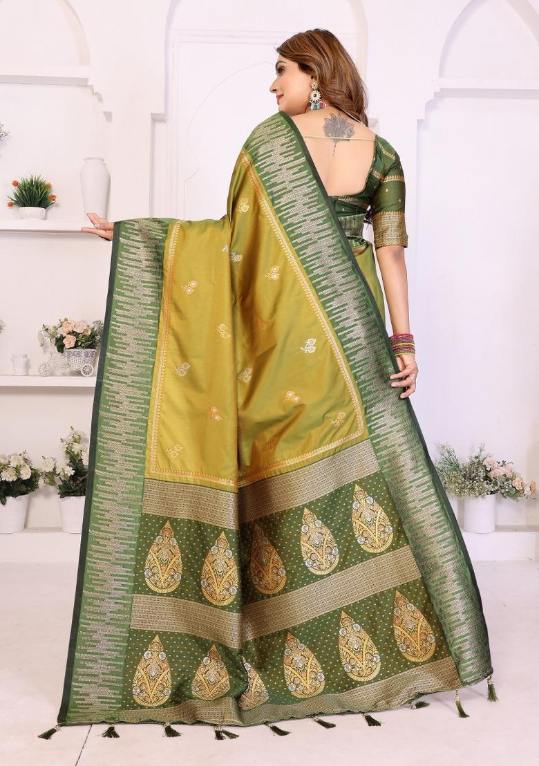 Green Blended Silk Saree Set - Indya