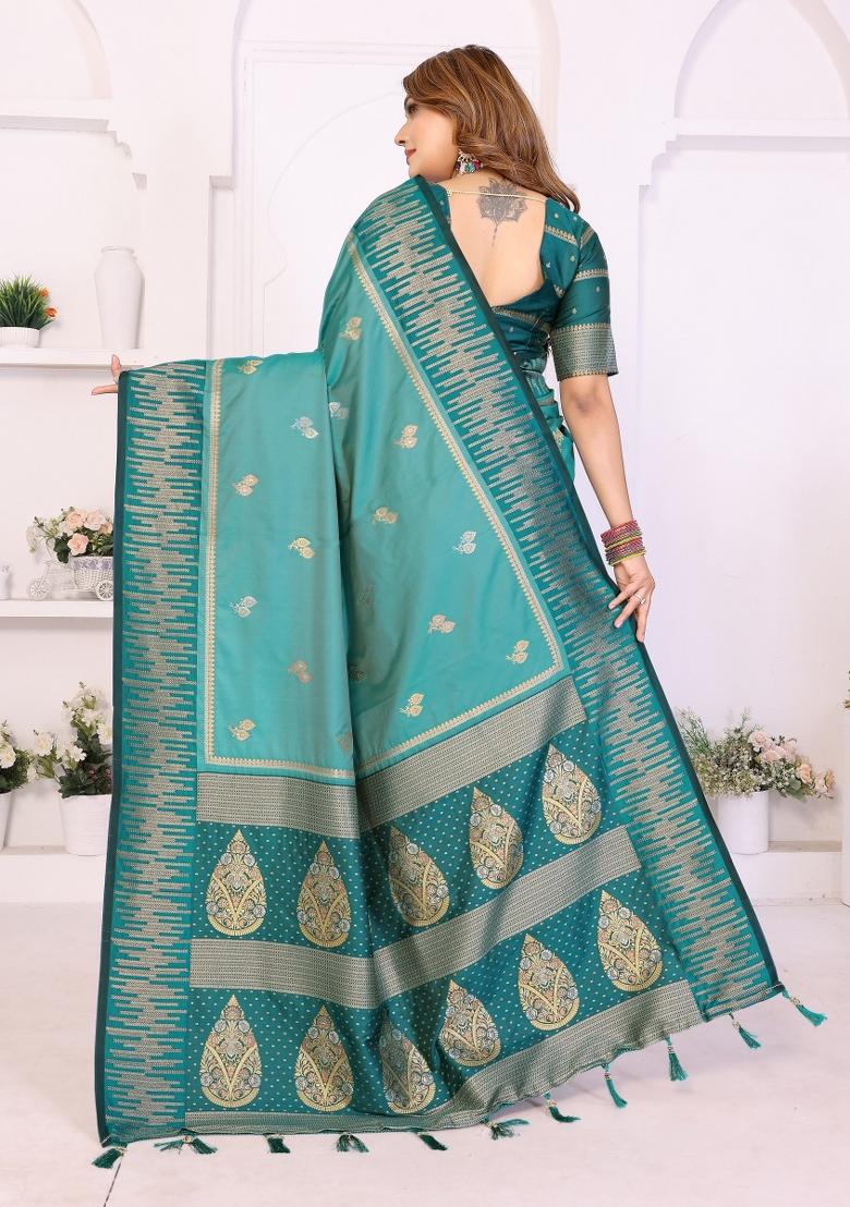 Teal Blended Silk Saree Set - Indya