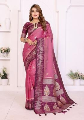 Pink Blended Silk Saree Set