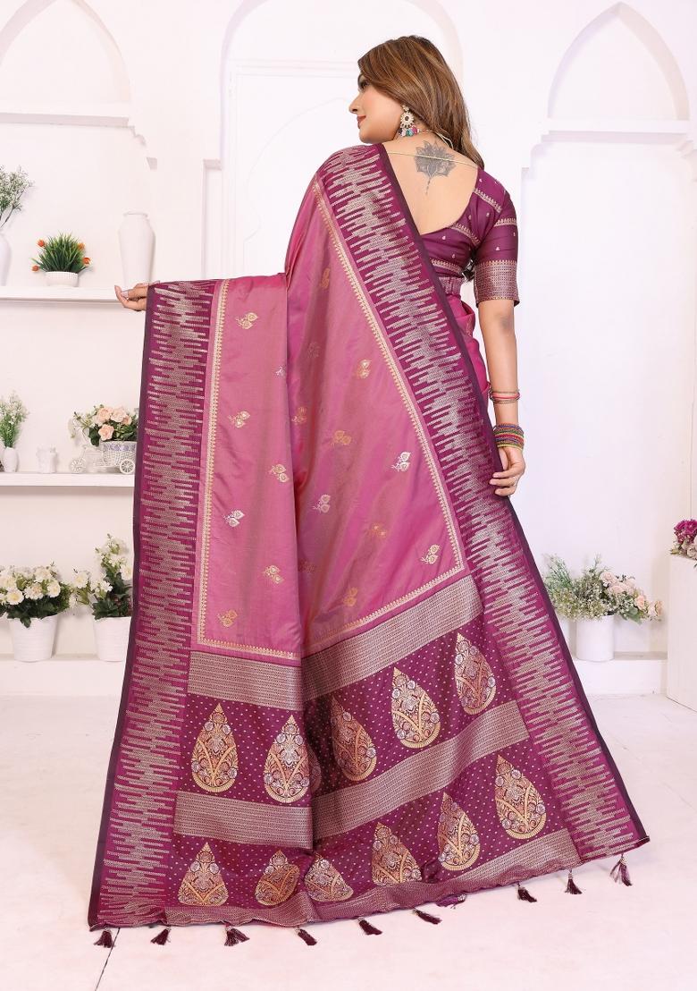 Pink Blended Silk Saree Set - Indya