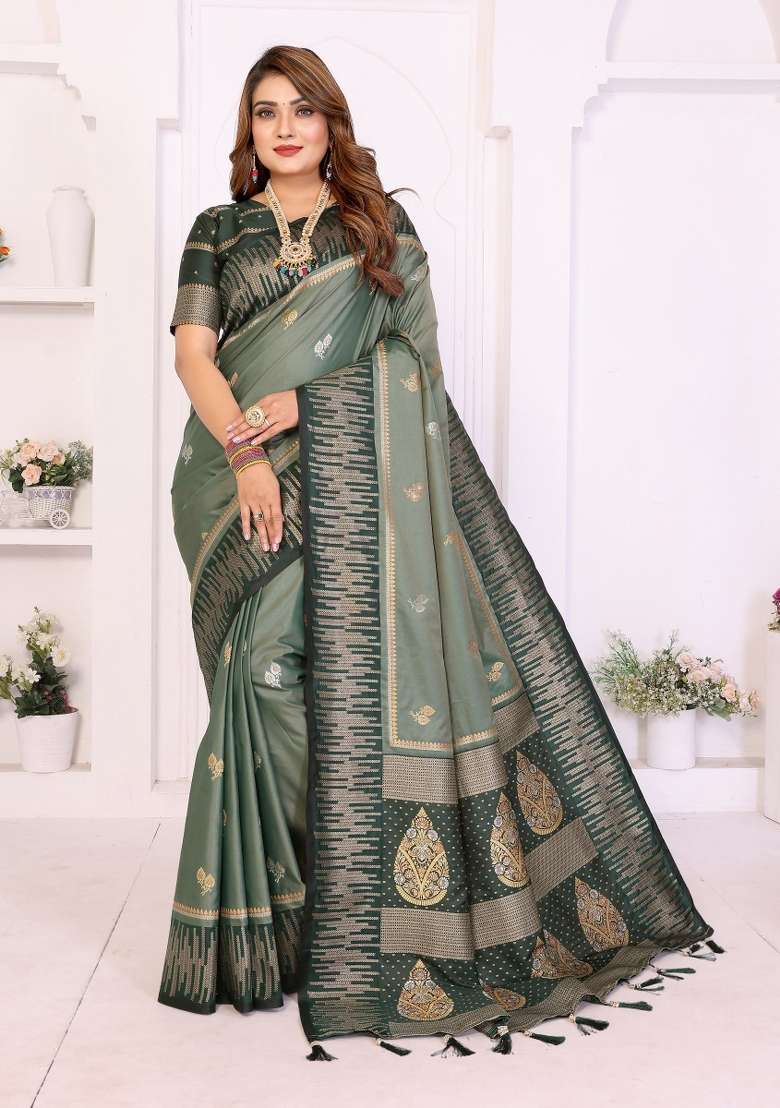 Grey Blended Silk Blend Saree Set for Diwali | Wedding & Festive Wear - Indya