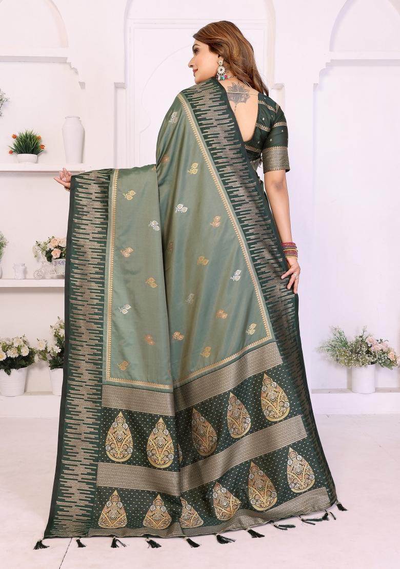 Grey Blended Silk Saree Set - Indya