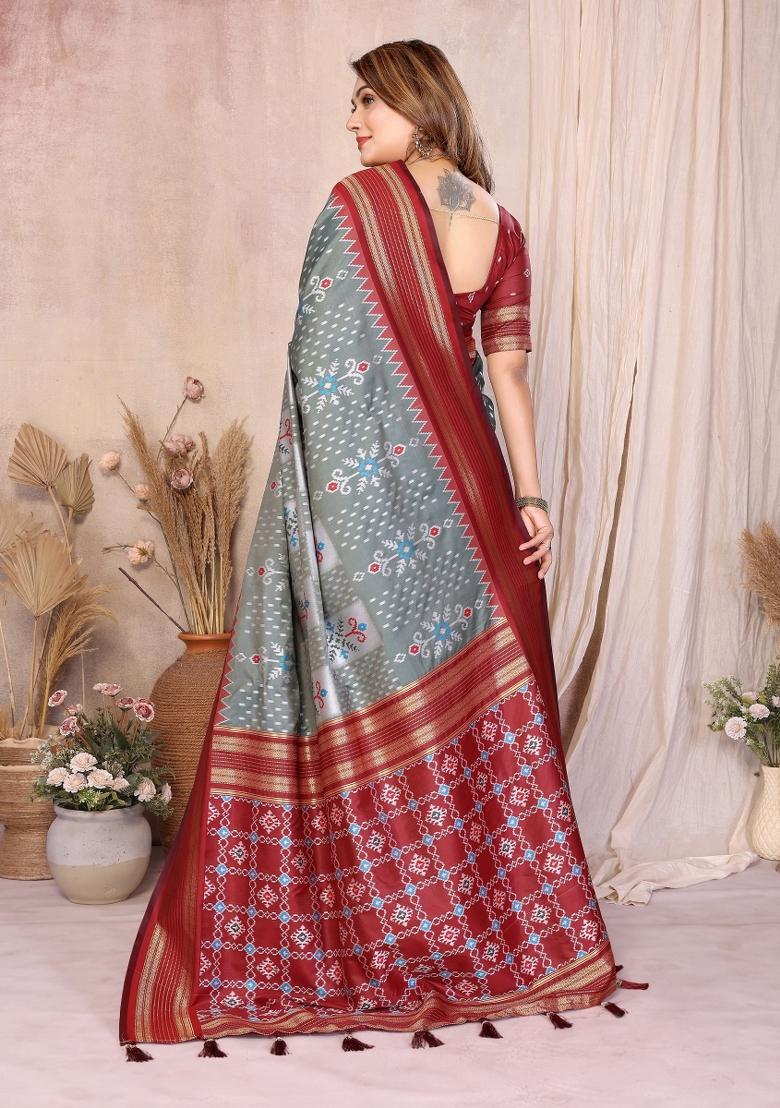 Grey Blended Silk Saree Set - Indya