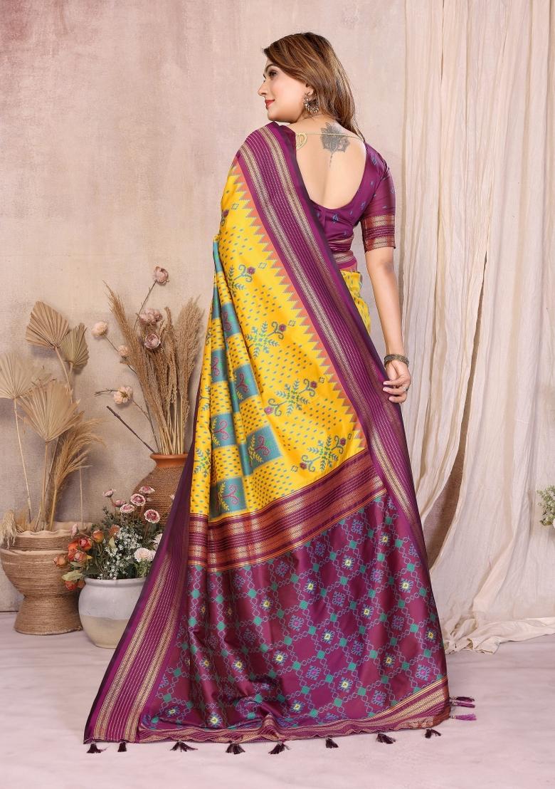 Yellow Blended Silk Saree Set - Indya
