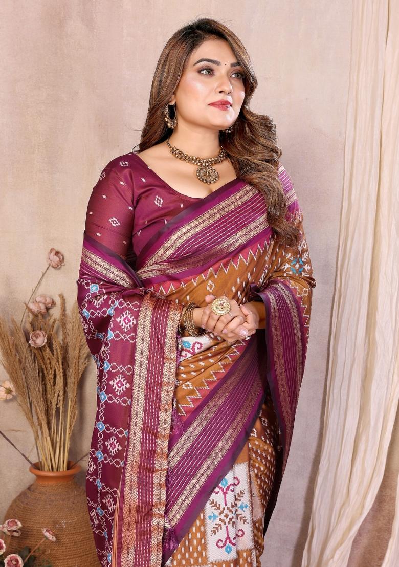 Brown Blended Silk Saree Set - Indya