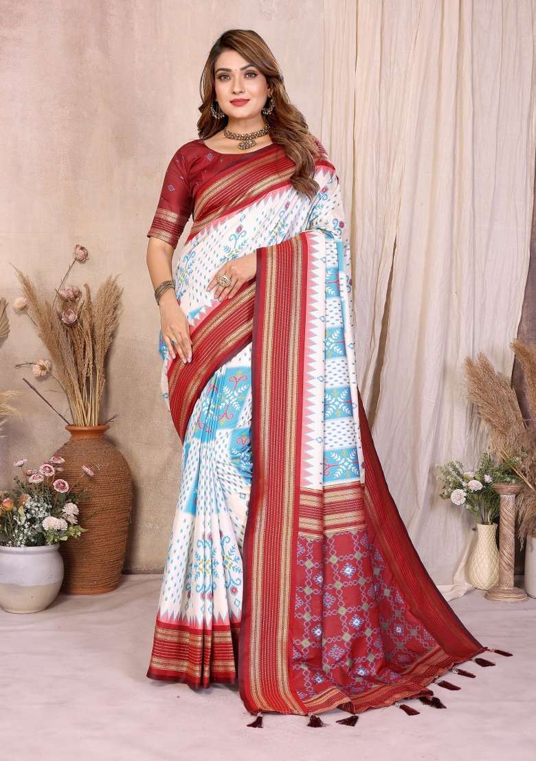 White Blended Silk Blend Saree Set for Diwali and Festive Wear - Indya