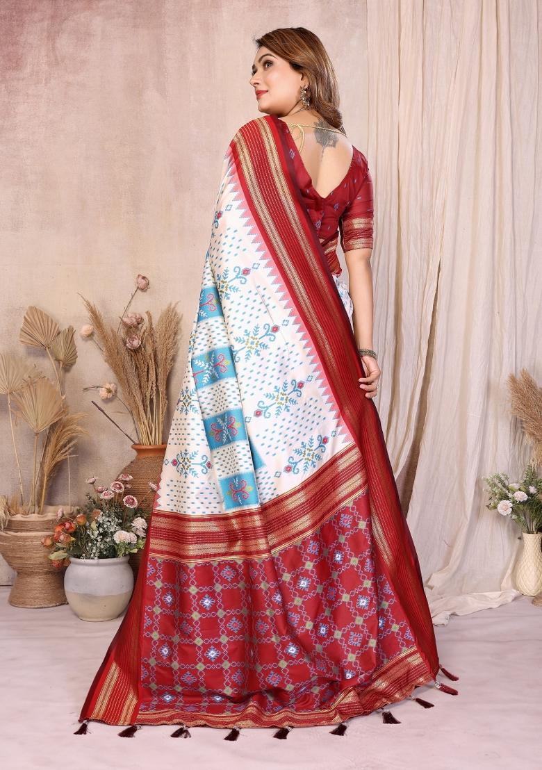 White Blended Silk Saree Set - Indya