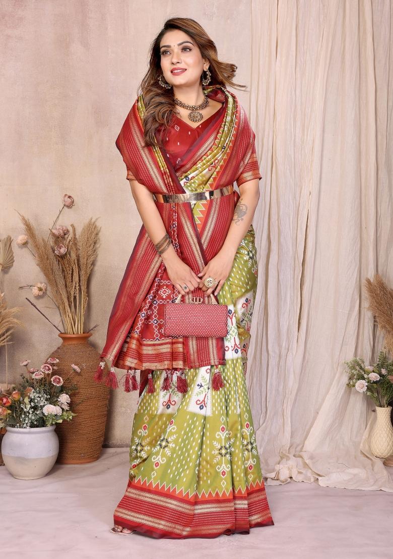 Green Blended Silk Saree Set - Indya
