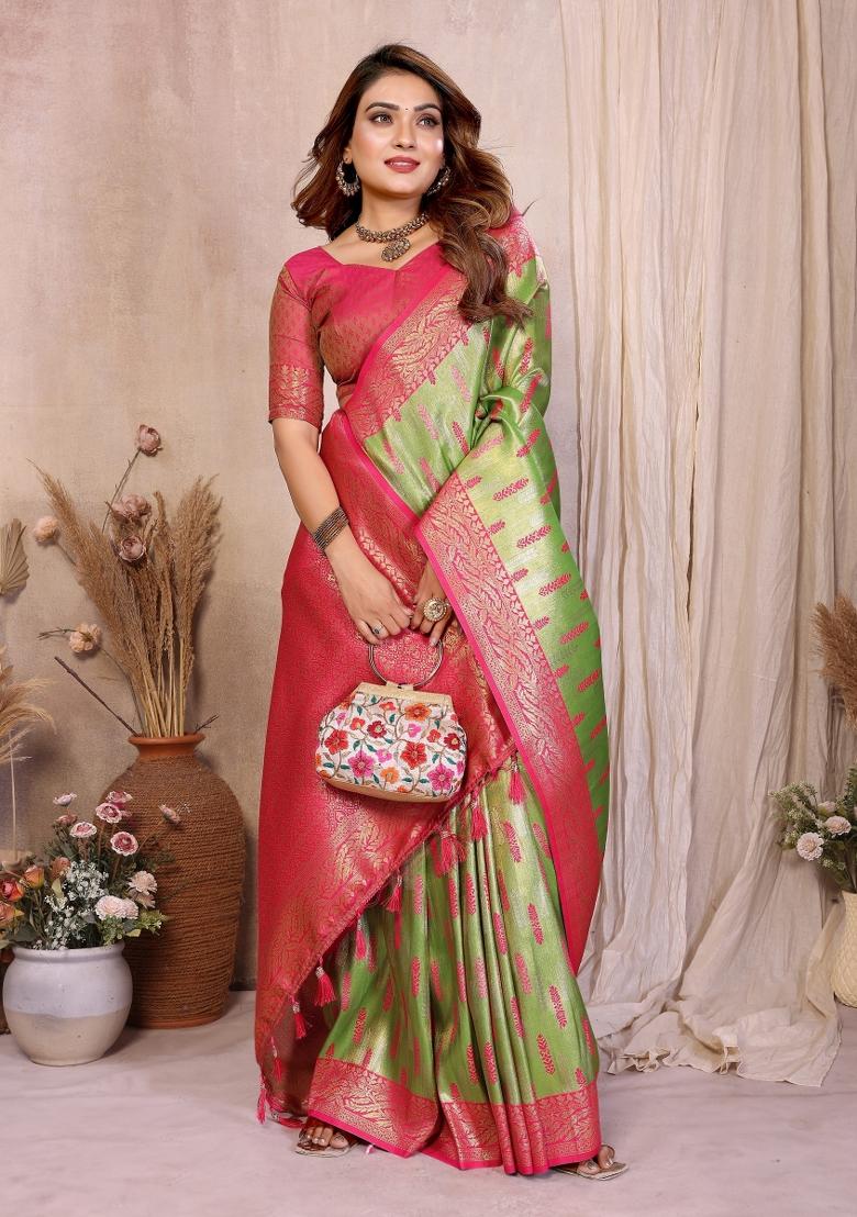 Green Blended Tissue Saree Set - Indya