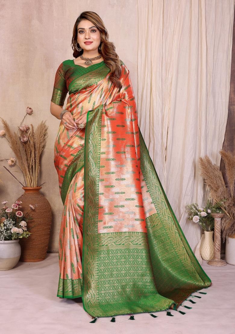 Orange Blended Tissue Saree Set - Indya