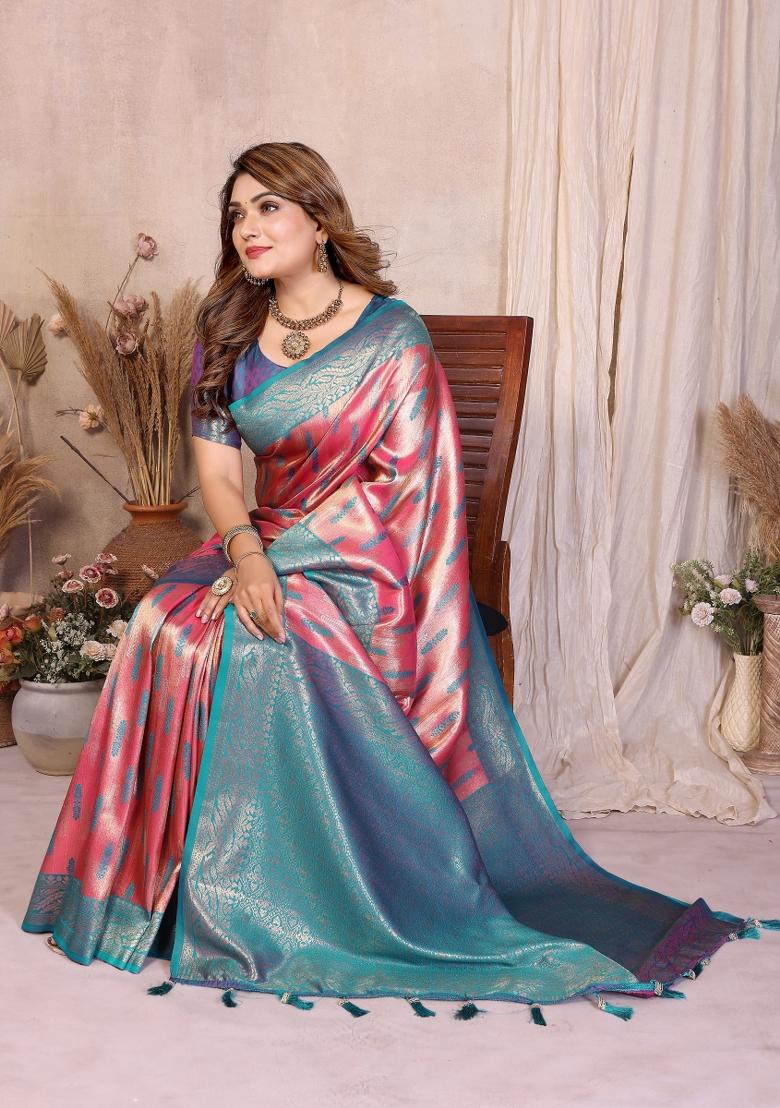 Pink Blended Tissue Saree Set - Indya