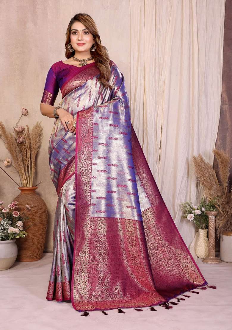 Purple Blended Tissue Saree Set for Diwali and Festive Wear - Indya