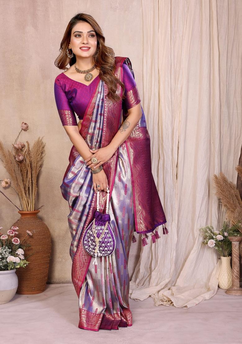 Purple Blended Tissue Saree Set - Indya