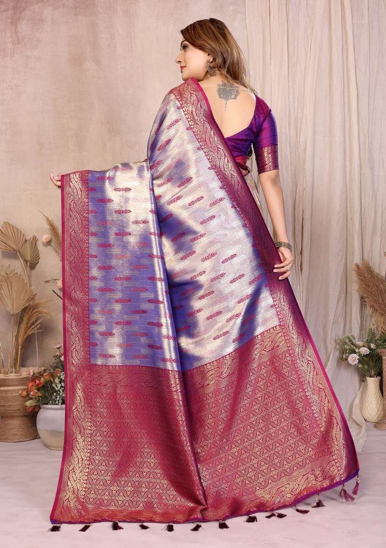 Purple Blended Tissue Saree Set for Diwali and Festive Wear - Indya