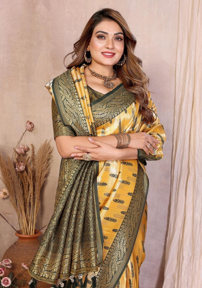 Yellow Blended Tissue Saree Set - Indya
