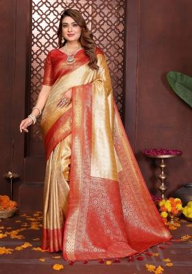 Beige Blended Tissue Saree Set