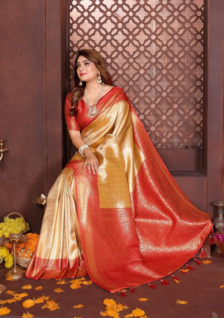 Beige Blended Tissue Saree Set - Indya