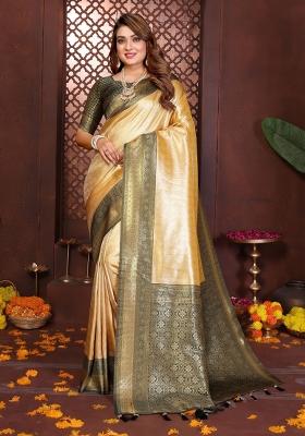 Cream Blended Tissue Saree Set