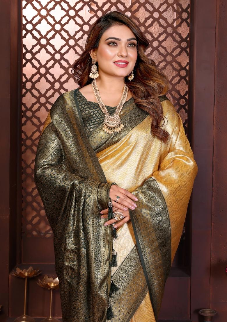 Cream Blended Tissue Saree Set - Indya