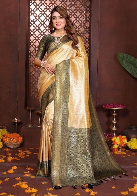 Cream Blended Tissue Saree Set