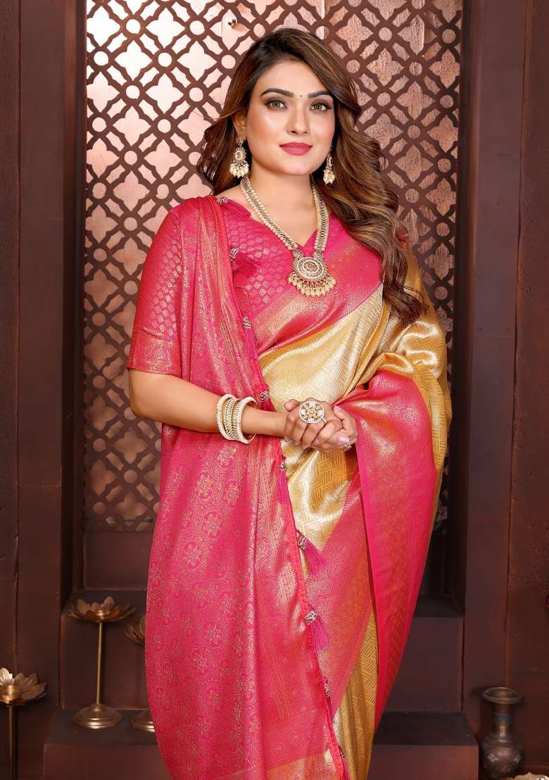 Gold Blended Tissue Saree Set for Diwali | Wedding & Festive Wear - Indya
