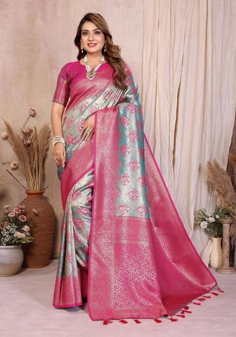 Sky Blue Blended Tissue Saree Set
