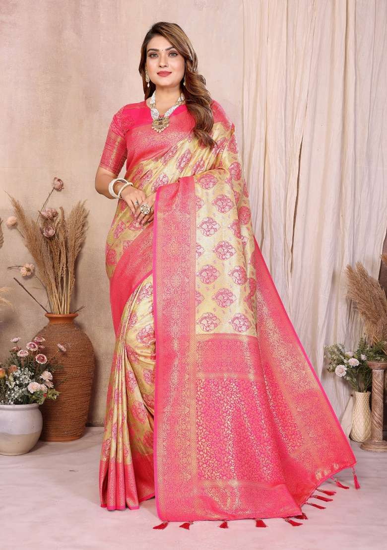 Cream Blended Tissue Saree Set for Diwali and Festive Wear - Indya