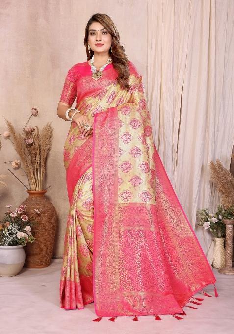 Cream Blended Tissue Saree Set