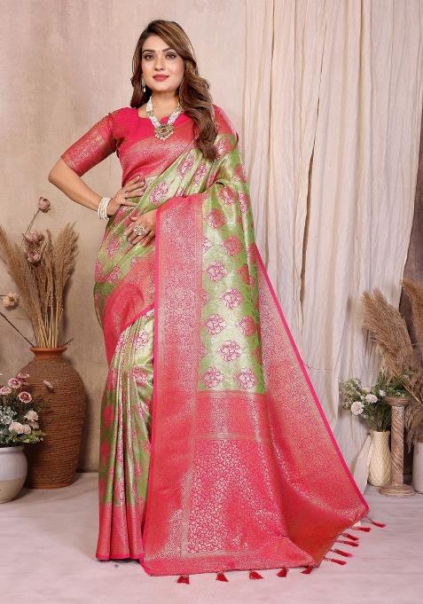 Green Blended Tissue Saree Set