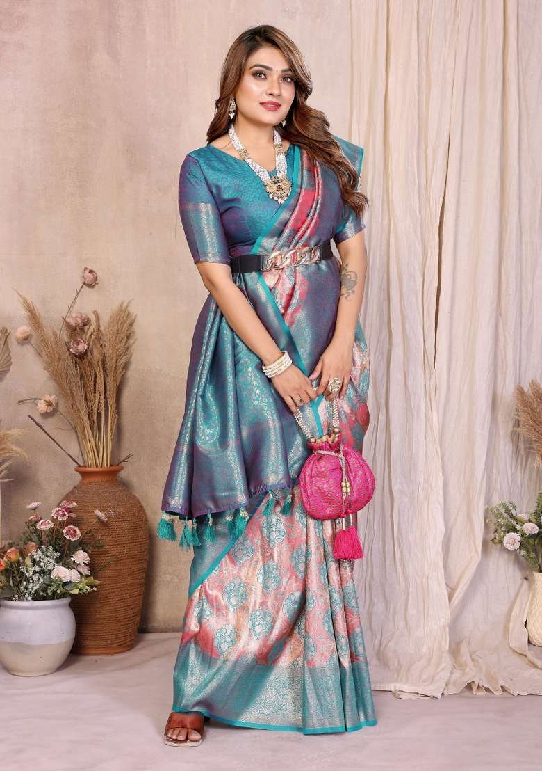 Pink Blended Tissue Saree Set for Diwali | Wedding & Festive Wear - Indya