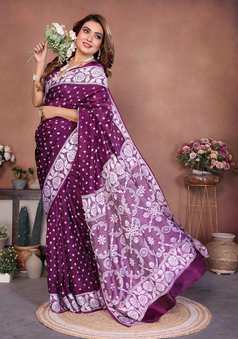 Purple Blended Viscose Saree Set for Diwali and Festive Wear - Indya