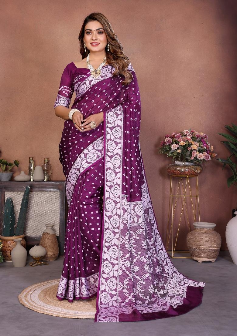Purple Blended Viscose Saree Set - Indya