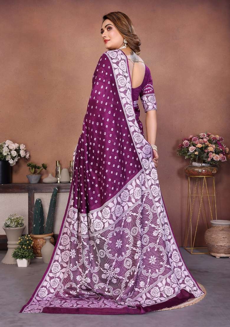 Purple Blended Viscose Saree Set for Diwali and Festive Wear - Indya
