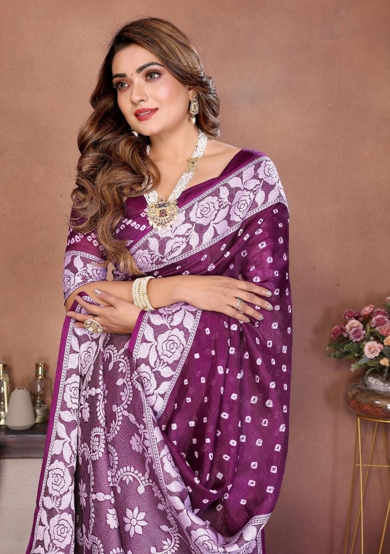 Purple Blended Viscose Saree Set - Indya
