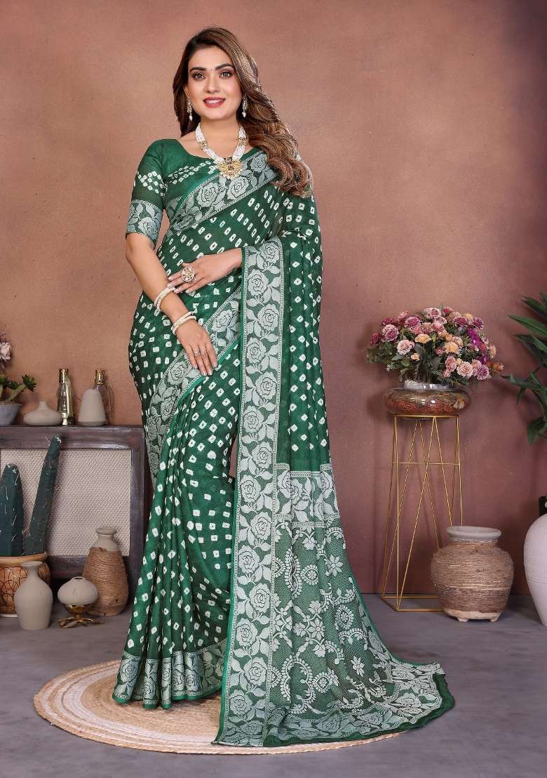 Green Blended Viscose Saree Set for Diwali | Wedding & Festive Wear - Indya