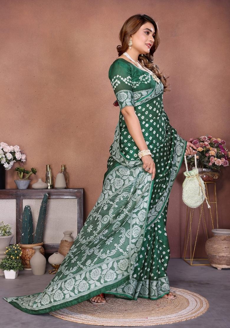 Green Blended Viscose Saree Set - Indya