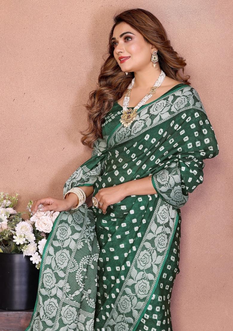 Green Blended Viscose Saree Set - Indya