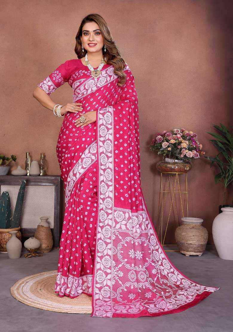 Pink Blended Viscose Saree Set for Diwali and Festive Wear - Indya