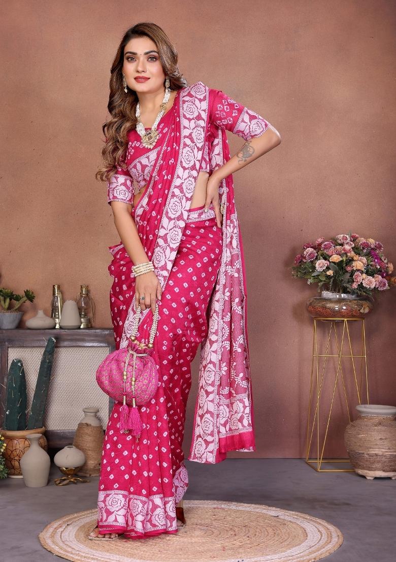 Pink Blended Viscose Saree Set - Indya