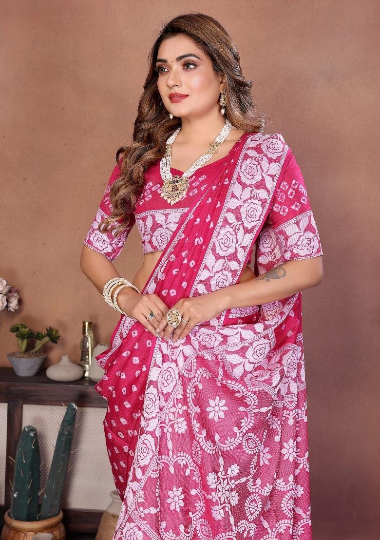 Pink Blended Viscose Saree Set - Indya