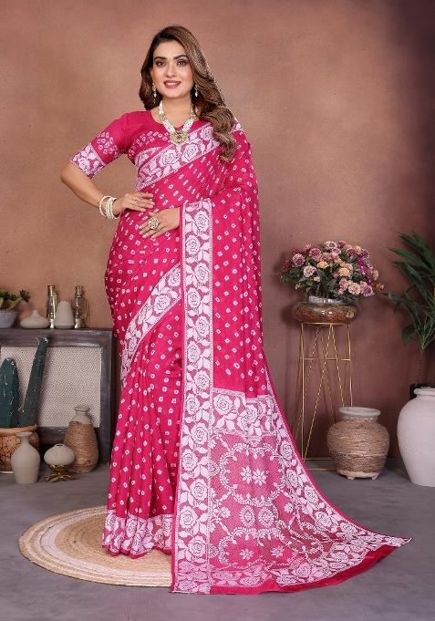 Pink Blended Viscose Saree Set