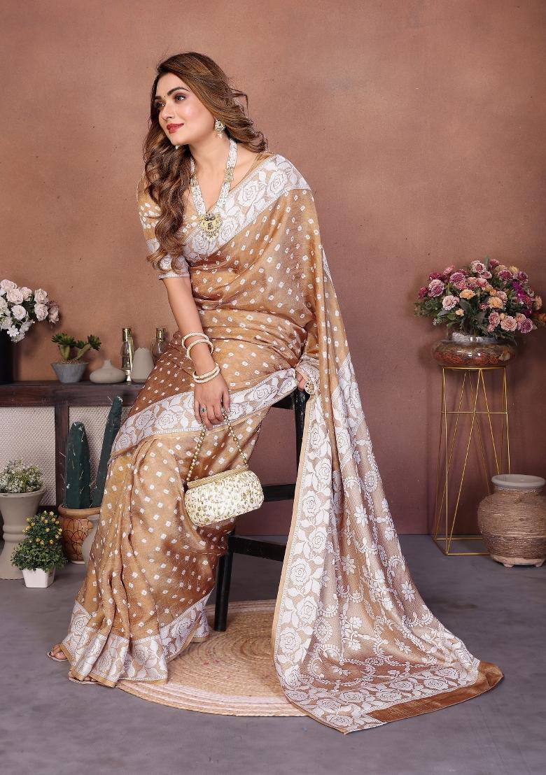 Cream Blended Viscose Saree Set - Indya