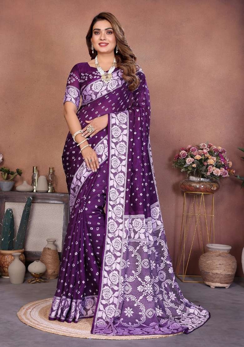Dark Purple Blended Viscose Saree Set for Diwali and Festive Wear - Indya