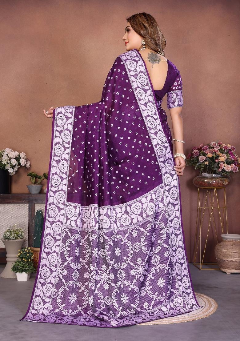 Dark Purple Blended Viscose Saree Set - Indya