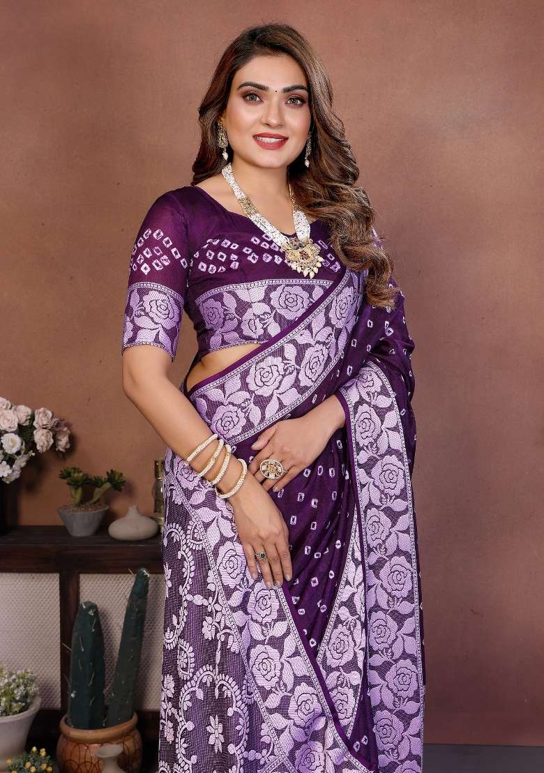 Dark Purple Blended Viscose Saree Set for Diwali and Festive Wear - Indya