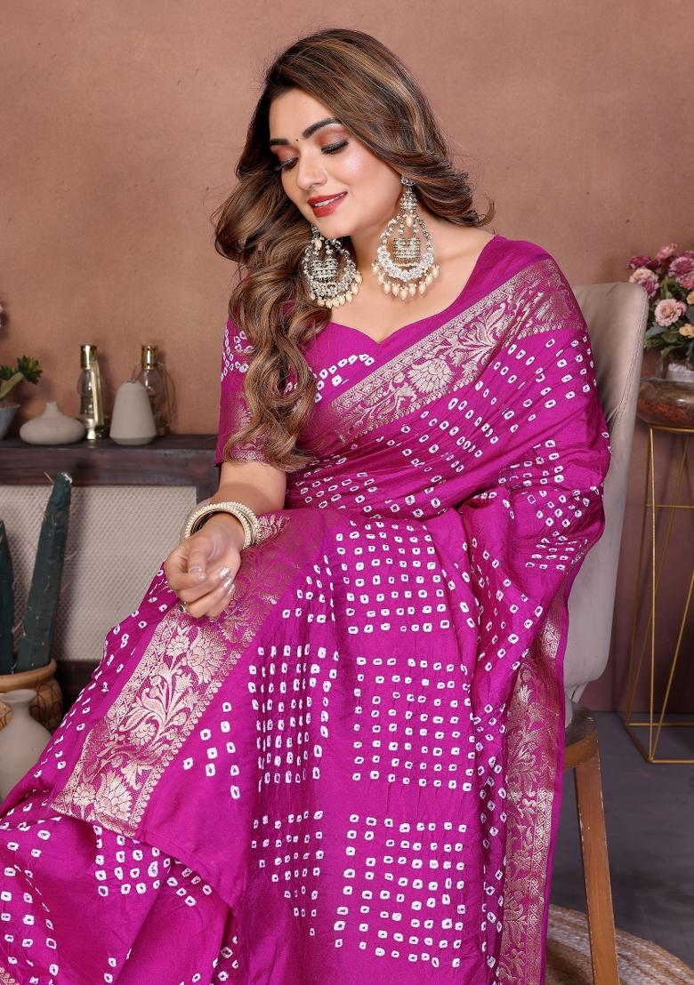 Purple Blended Viscose Saree Set - Indya