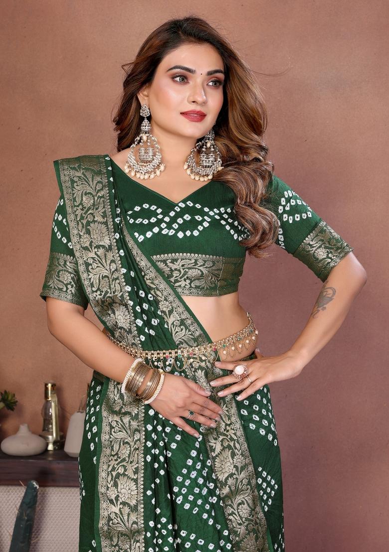 Green Blended Viscose Saree Set - Indya