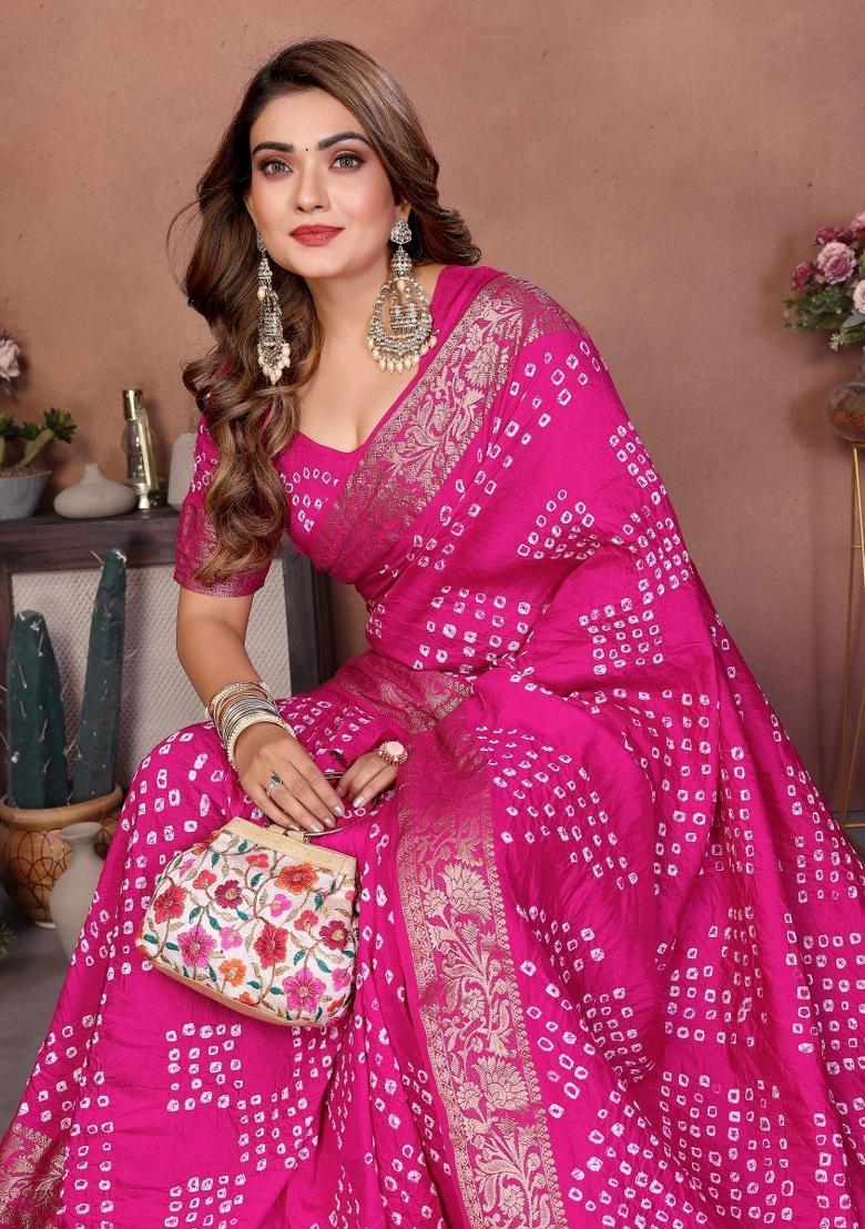 Pink Blended Viscose Saree Set - Indya