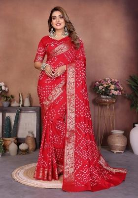 Red Blended Viscose Saree Set