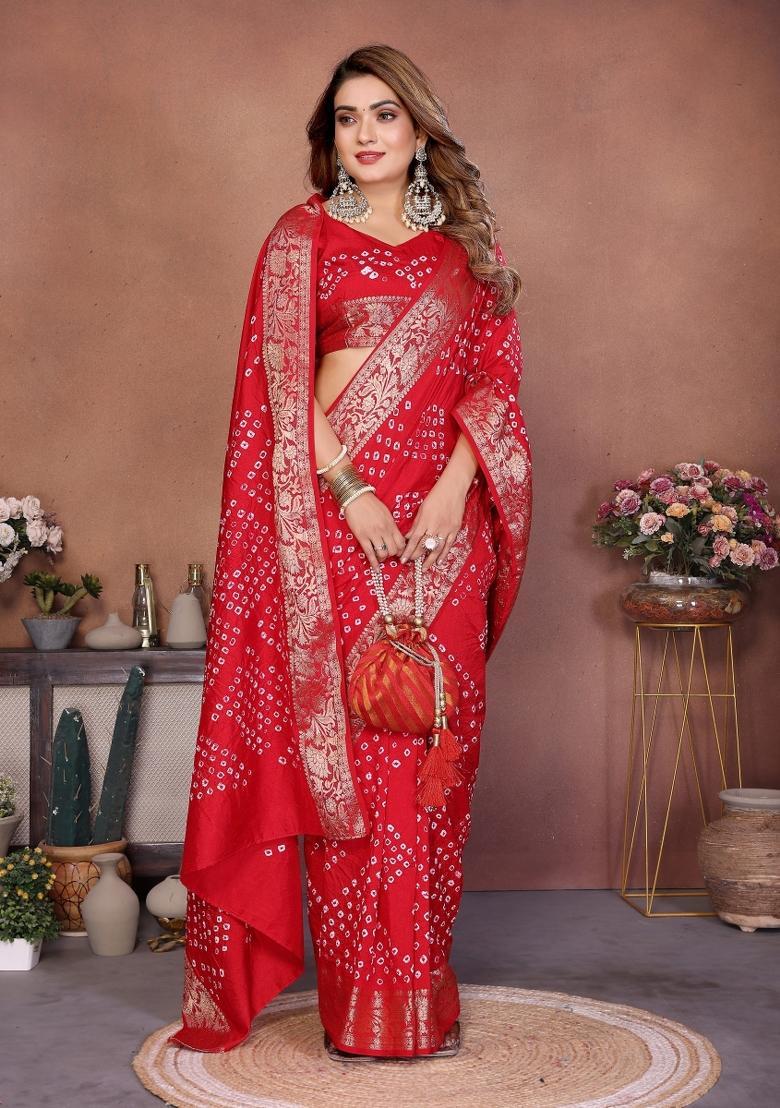 Red Blended Viscose Saree Set - Indya